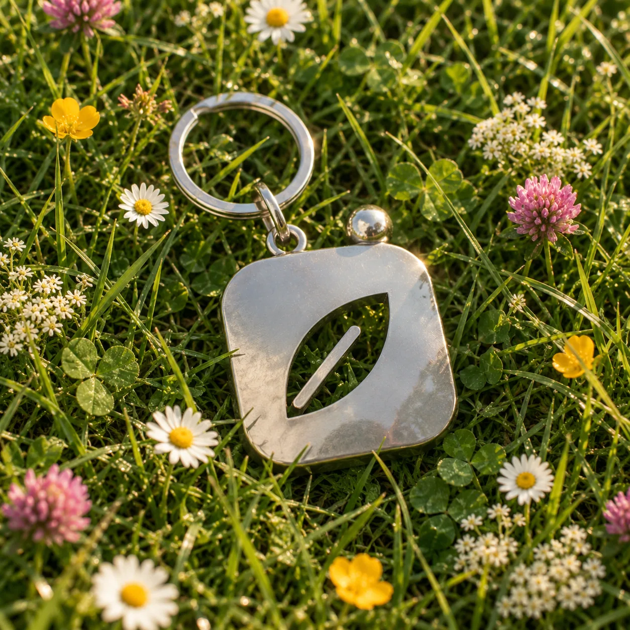 Evergreen leaf keychain resting in a flowering meadow