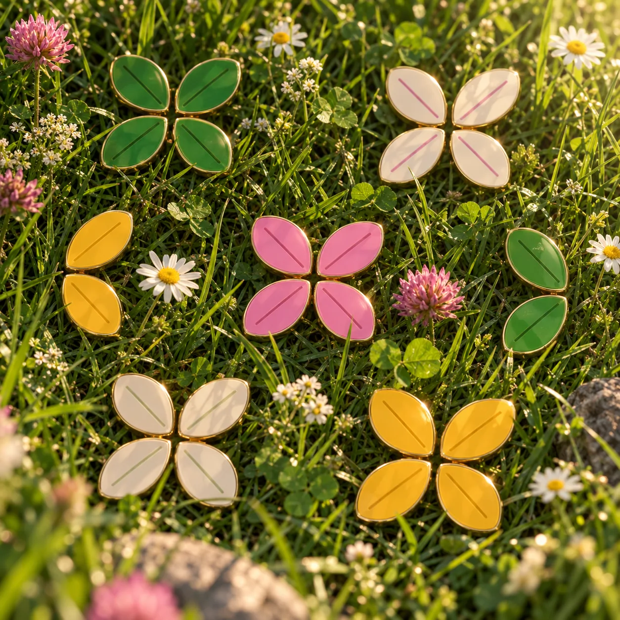 Evergreen leaf pins in pink, yellow, green and white scattered on grass